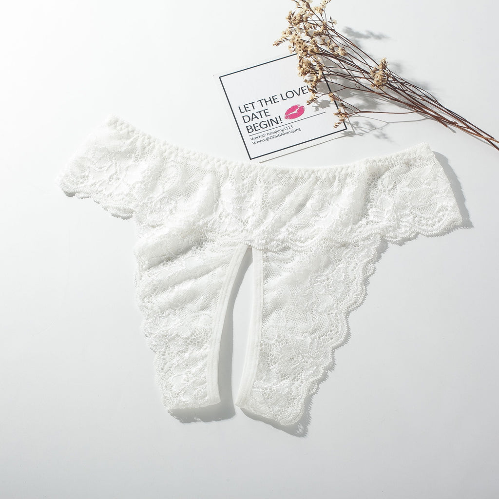High-Rise Lace Crotchless Panties 5009 - White / M