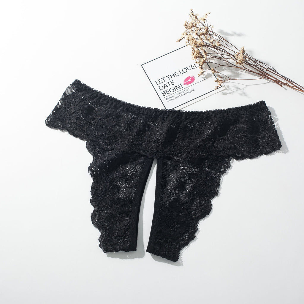 High-Rise Lace Crotchless Panties 5009 - Black / M