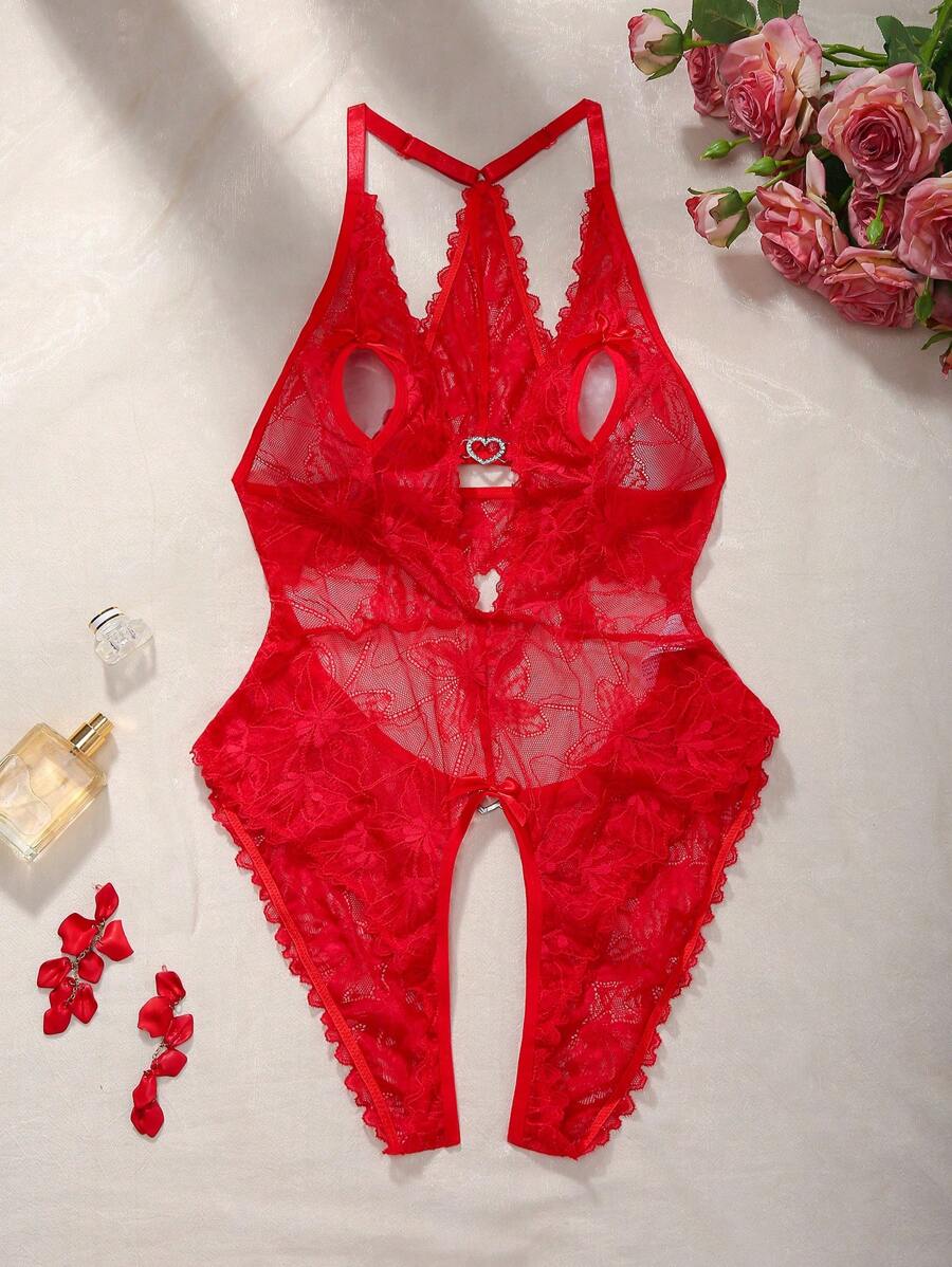 Crotchless bodysuit with Heart Shape Hardware BB033