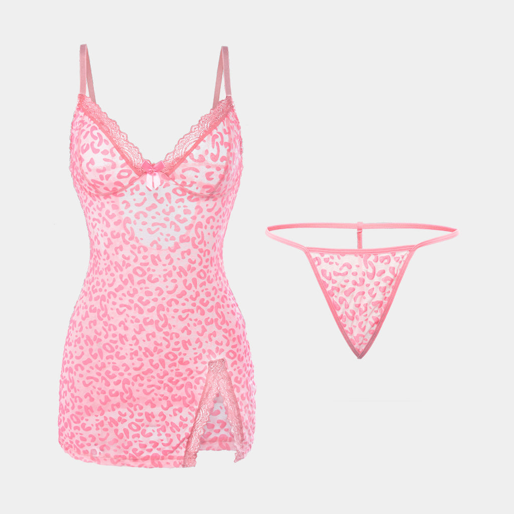 Pink Leopard Print Sheer Dress Set with Side Slit 8724