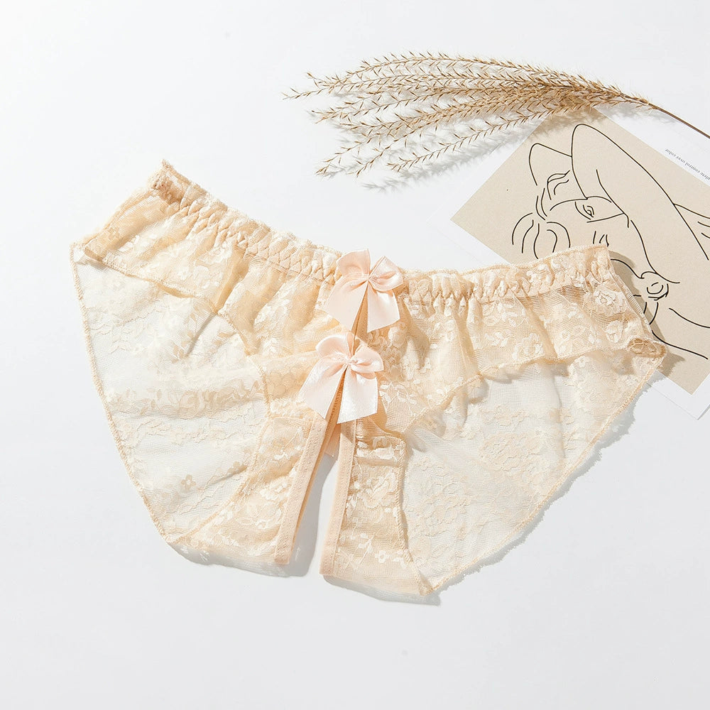 Lace Double Bow Crotchless Panties 3049