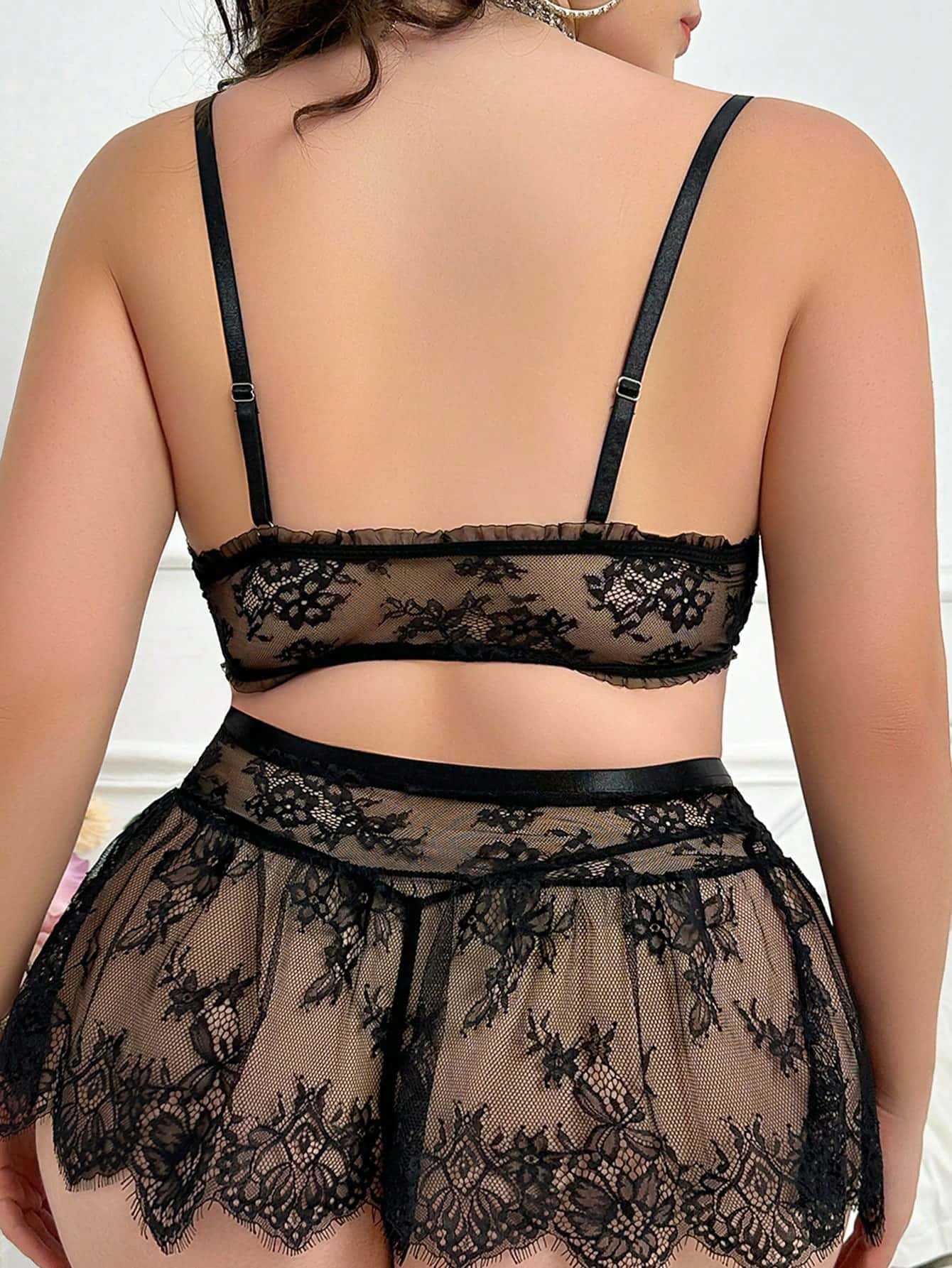 Back view of black Belle Lace Bow Set with sheer lace crop top and mini skirt by Wela Wela