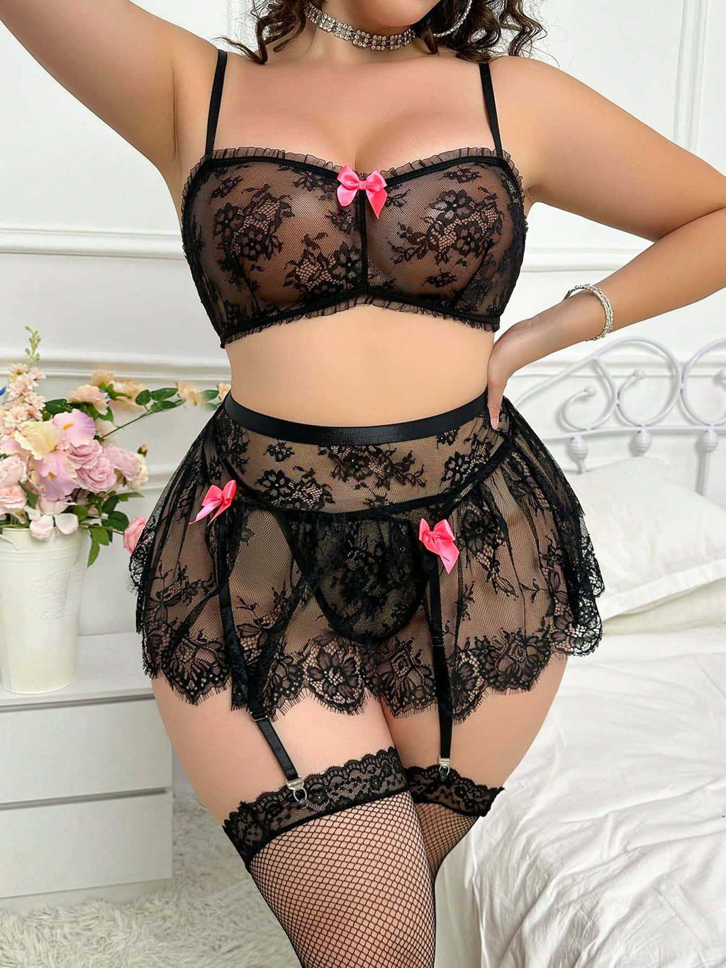 Black Belle Lace Bow Set with sheer lace crop top and mini skirt by Wela Wela