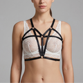 Noir Desire strappy bra front view with adjustable elastic harness design