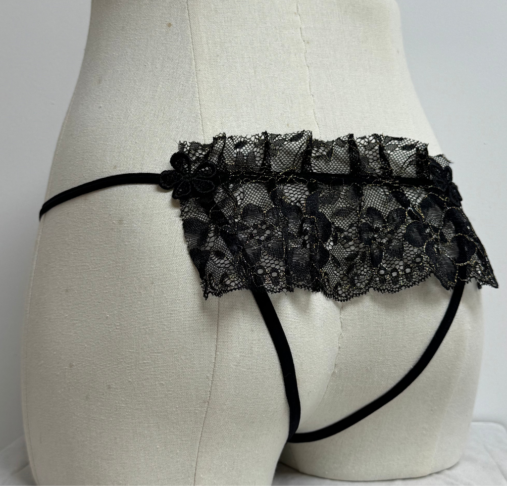 Side angle of romantic Strappy Crotchless Sheer Lace Panty with Glitter in Australia