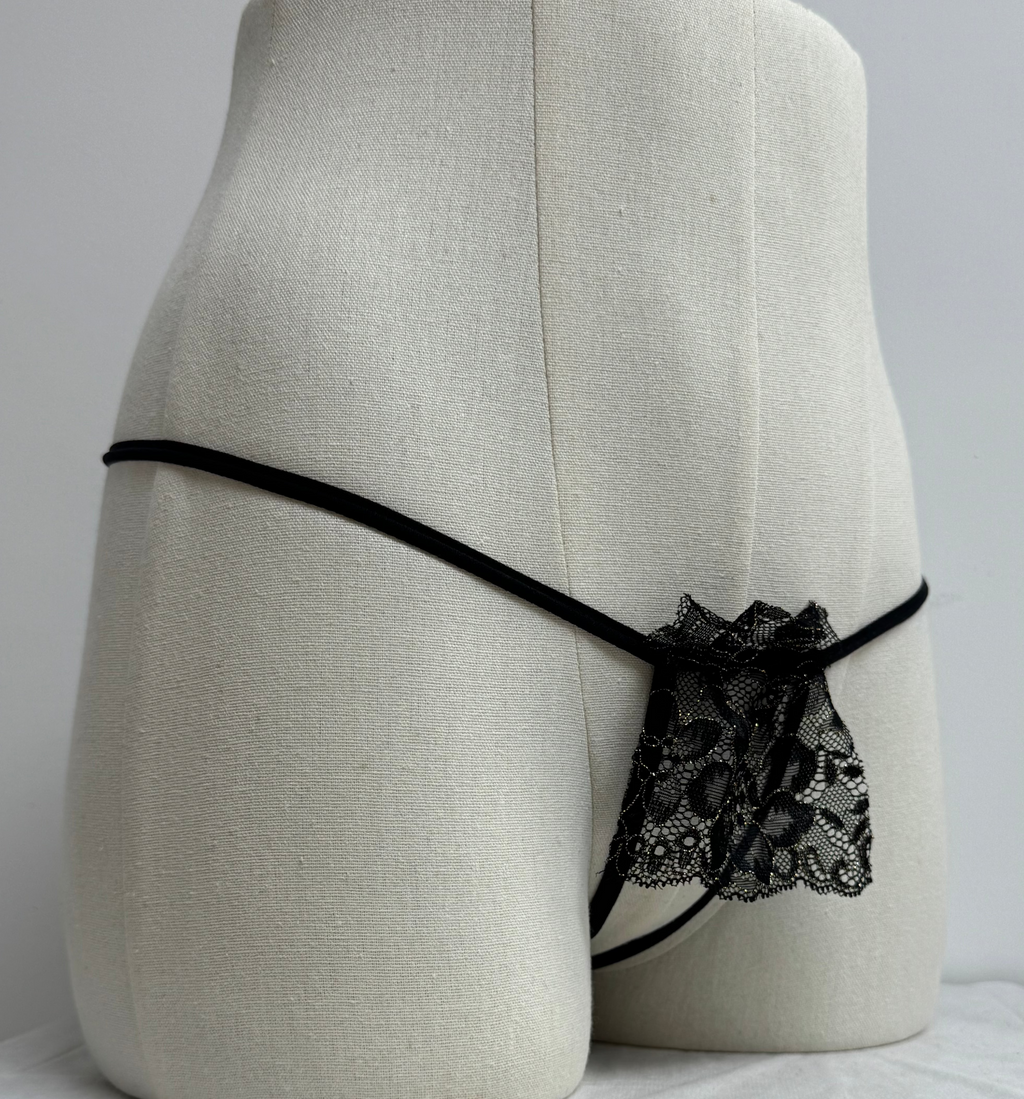 Romantic Strappy Crotchless Sheer Lace Panty with Glitter Thread in Australia